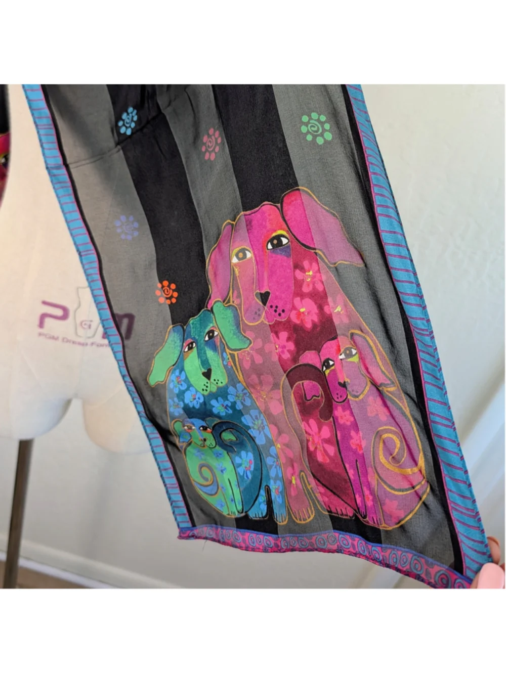 Laurel Burch 100% Silk Dog Scarf Wearable Art Colorful Long Oblong Wrap 52”